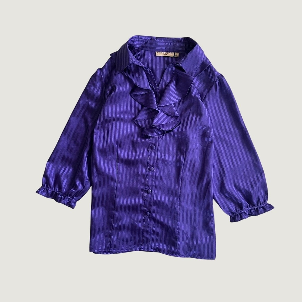 Notations Woman Purple Satin Striped Ruffle Blouse Y2K 1X Office Casual